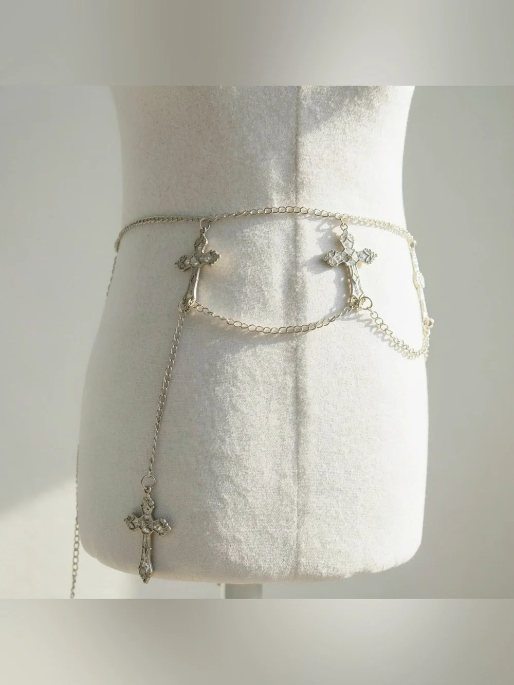 Y2K 2000s style Silver chain belt with cross charms